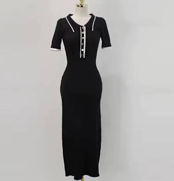 YuooMuoo Brand Fashion Knit Sweater Dress Women Spring Summer Ribbed Contrast Short Sleeve Lapel Gown Dress Ladies Long Dresses