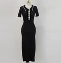 YuooMuoo Brand Fashion Knit Sweater Dress Women Spring Summer Ribbed Contrast Short Sleeve Lapel Gown Dress Ladies Long Dresses