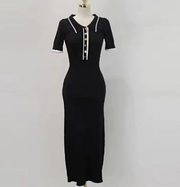 YuooMuoo Brand Fashion Knit Sweater Dress Women Spring Summer Ribbed Contrast Short Sleeve Lapel Gown Dress Ladies Long Dresses