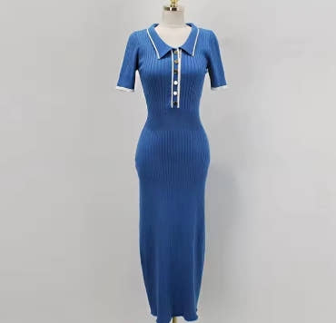 YuooMuoo Brand Fashion Knit Sweater Dress Women Spring Summer Ribbed Contrast Short Sleeve Lapel Gown Dress Ladies Long Dresses