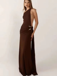JULISSA MO Sexy One Shoulder Metal Button Women Maxi Dress Coffee Backless Evening Dress Summer Slim Elegant Party Clubwear 2025