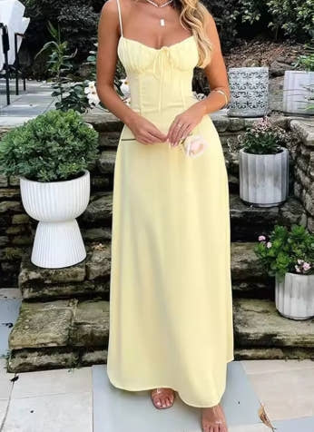 Elegant Strappy Backless Long Dress Women's Summer Fashion Round Neck Smocked Solid Color Slim Evening Dress Long Dress