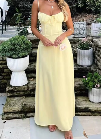 Elegant Strappy Backless Long Dress Women's Summer Fashion Round Neck Smocked Solid Color Slim Evening Dress Long Dress