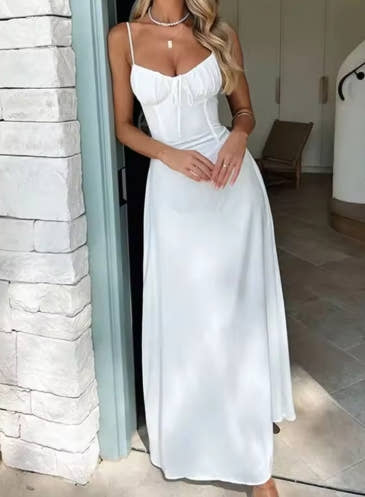 Elegant Strappy Backless Long Dress Women's Summer Fashion Round Neck Smocked Solid Color Slim Evening Dress Long Dress