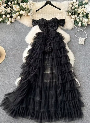 SINGREINY High Quality Cake Dress Fashion Strap Sequin Pachwork Mesh Design Women Temperament Sleeveless Autumn Shiny Long Dress
