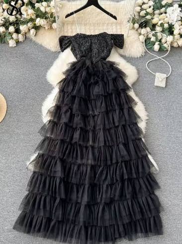 SINGREINY High Quality Cake Dress Fashion Strap Sequin Pachwork Mesh Design Women Temperament Sleeveless Autumn Shiny Long Dress