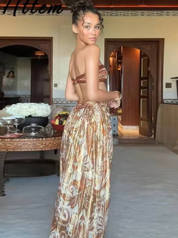 Sexy Print Hollow Out Strapless Women Dresses Beach Holidays Glitter Backless Off Shoulder Female Robe 2025 Summer Lady Dress