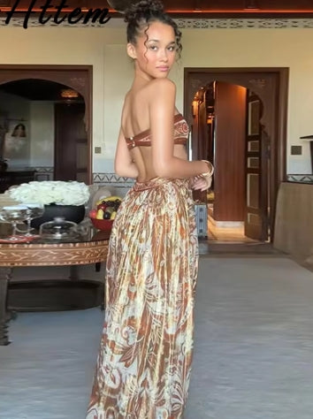 Sexy Print Hollow Out Strapless Women Dresses Beach Holidays Glitter Backless Off Shoulder Female Robe 2025 Summer Lady Dress