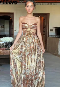 Sexy Print Hollow Out Strapless Women Dresses Beach Holidays Glitter Backless Off Shoulder Female Robe 2025 Summer Lady Dress