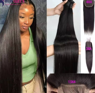 Straight Human Hair Bundles with Closure 2x6 4x4 Raw Brazilian Hair Extensions Weave 3 4 Bundles with 13x4 Transparent Frontal
