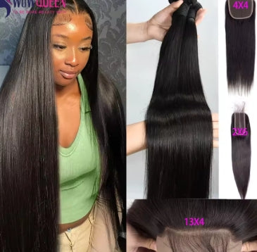 Straight Human Hair Bundles with Closure 2x6 4x4 Raw Brazilian Hair Extensions Weave 3 4 Bundles with 13x4 Transparent Frontal