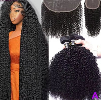 Afro Deep Kinky Curly Human Hair 3/4 Bundle with HD Transparent Lace Frontal Closure And Bundle 100% Virgin Hair Weave Extension