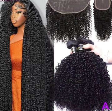 Afro Deep Kinky Curly Human Hair 3/4 Bundle with HD Transparent Lace Frontal Closure And Bundle 100% Virgin Hair Weave Extension
