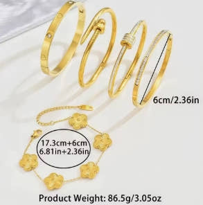 UILZ Europe & USA Hot Stainless Steel Four Leaf Clover Lucky Bracelet Women's Fashion Nail Bracelet Gold Bangles