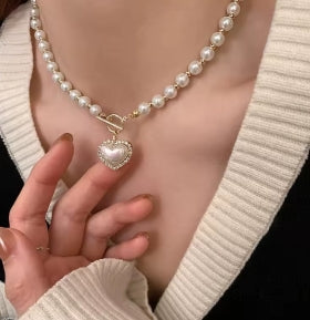 Pearl necklace with heart pendant for women, luxury imitation pearl chain necklaces, Korean jewelry, gifts for girls