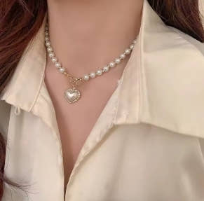 Pearl necklace with heart pendant for women, luxury imitation pearl chain necklaces, Korean jewelry, gifts for girls