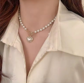 Pearl necklace with heart pendant for women, luxury imitation pearl chain necklaces, Korean jewelry, gifts for girls