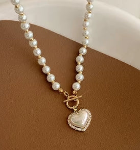 Pearl necklace with heart pendant for women, luxury imitation pearl chain necklaces, Korean jewelry, gifts for girls