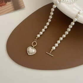 Pearl necklace with heart pendant for women, luxury imitation pearl chain necklaces, Korean jewelry, gifts for girls