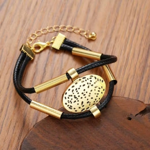 Vintage Oval Metal Faux Leather Necklace Bracelet for Women Fashion Gold Silver Color 2pcs/set Double Layer Chain Jewelry Sets
