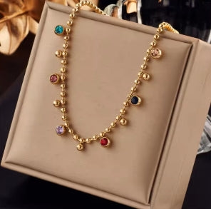 Multicolor crystal zirconia necklace made of 316L stainless steel for women, fashionable ball chain, jewelry gifts for party and wedding