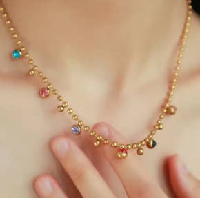 Multicolor crystal zirconia necklace made of 316L stainless steel for women, fashionable ball chain, jewelry gifts for party and wedding
