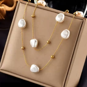 Large 2 in 1 pearl pendant necklace made of 316L stainless steel for women, new trend, neck jewelry chain for girls, wedding gift for party