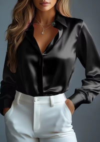 Women's Satin Shirts Elegant Plain Long Sleeve Blouse Office Lady Button-Up Shirt Top Female Crew Neck Shirts Blouse 2025 Autumn