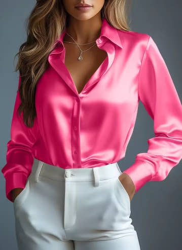 Women's Satin Shirts Elegant Plain Long Sleeve Blouse Office Lady Button-Up Shirt Top Female Crew Neck Shirts Blouse 2025 Autumn