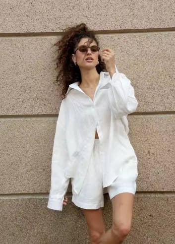Wolfeel Women's Casual Shorts Sets 100% Cotton Solid Color Cozy Lapel Long Sleeve Shirt Summer New Elastic Waist Shorts Suits