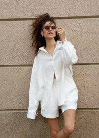 Wolfeel Women's Casual Shorts Sets 100% Cotton Solid Color Cozy Lapel Long Sleeve Shirt Summer New Elastic Waist Shorts Suits