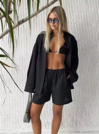 Wolfeel Women's Casual Shorts Sets 100% Cotton Solid Color Cozy Lapel Long Sleeve Shirt Summer New Elastic Waist Shorts Suits