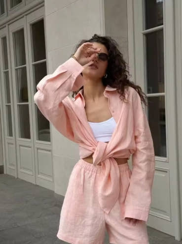 Wolfeel Women's Casual Shorts Sets 100% Cotton Solid Color Cozy Lapel Long Sleeve Shirt Summer New Elastic Waist Shorts Suits