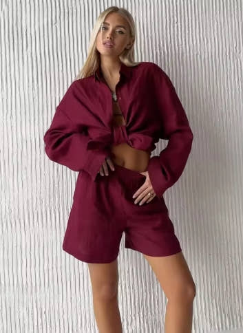 Wolfeel Women's Casual Shorts Sets 100% Cotton Solid Color Cozy Lapel Long Sleeve Shirt Summer New Elastic Waist Shorts Suits