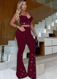 Kricesseen Gorgeous Metal Eyelet Wide Legs Pants Set 2 Piece Outfits Stylish Bustier Top And Holes Trousers Suits Set Clubwear