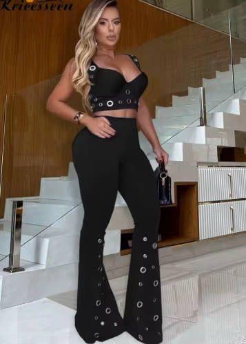 Kricesseen Gorgeous Metal Eyelet Wide Legs Pants Set 2 Piece Outfits Stylish Bustier Top And Holes Trousers Suits Set Clubwear