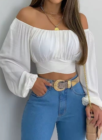 Women Sexy Off Shoulder Blouse Chic and Elegant Printing Lantern Long Sleeve Lace Up Bow Cropped Tops Casual Slim Shirts 2024