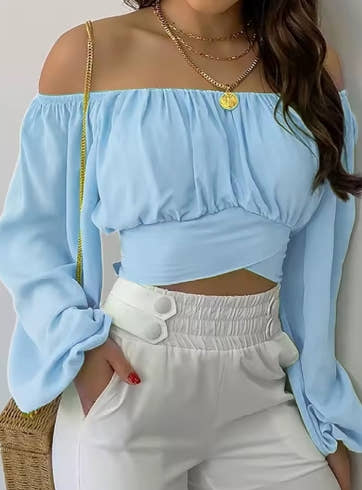 Women Sexy Off Shoulder Blouse Chic and Elegant Printing Lantern Long Sleeve Lace Up Bow Cropped Tops Casual Slim Shirts 2024