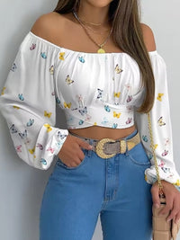 Women Sexy Off Shoulder Blouse Chic and Elegant Printing Lantern Long Sleeve Lace Up Bow Cropped Tops Casual Slim Shirts 2024
