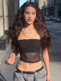 Mesh Corset Black Crop Top Women Patchwork Tube Top Sexy Sleeveless Off Shoulder Cami Summer Streetwear Slim Strapless Tank Tops