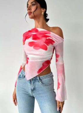 Sweet Spice Personality Style Mesh Print Diagonal Shoulder Long Sleeve Top Irregular Off-the-shoulder Short Top for Women
