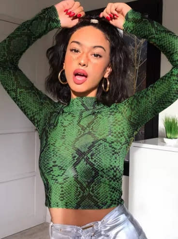 Casual Green Snake Print T Shirt Women Mesh Top Long Sleeve Transparent Snakeskin Female T-shirt High Neck Crop Tops