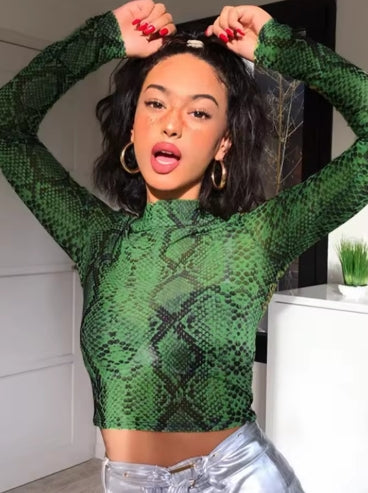 Casual Green Snake Print T Shirt Women Mesh Top Long Sleeve Transparent Snakeskin Female T-shirt High Neck Crop Tops