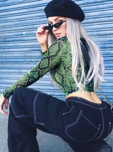Casual Green Snake Print T Shirt Women Mesh Top Long Sleeve Transparent Snakeskin Female T-shirt High Neck Crop Tops