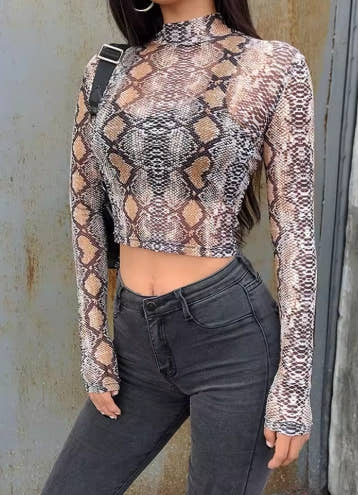 Casual Green Snake Print T Shirt Women Mesh Top Long Sleeve Transparent Snakeskin Female T-shirt High Neck Crop Tops