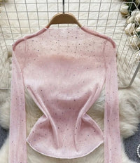 NS702 Women's Fashionable Elegant Sheer Silvery Sequined Bodycon Top