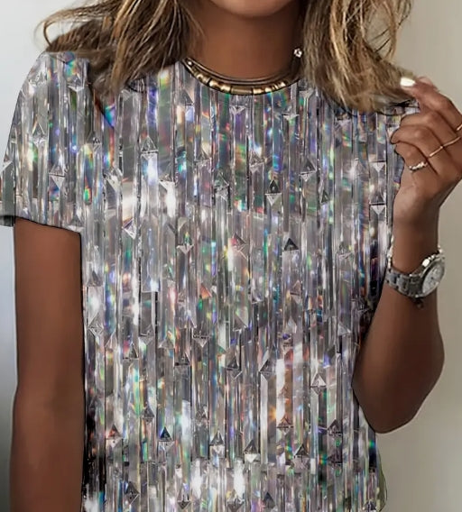 Women'S Sparkling Crystal Curtain T-Shirt - Off-Shoulder/Boat Neck Blouse with Shimmering Crystal Embellishments, Non-Stretch Fabric for Parties, Weddings, Casual Attire - Elegant Formal & Everyday Tops -