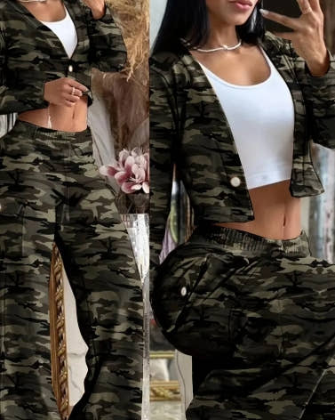Button-Front Long Sleeve Crop Top and Drawstring Pants, Women's Clothing