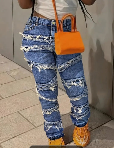 rendy Patchwork Washed Frilled Women's Jeans - Heavy-duty Washed Frilled Fashionable Denim Trousers with Mid-waist And Hip-lifting Design, Elastic Fabric For Strong Comfort