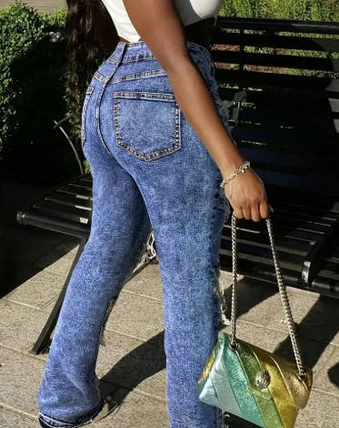 rendy Patchwork Washed Frilled Women's Jeans - Heavy-duty Washed Frilled Fashionable Denim Trousers with Mid-waist And Hip-lifting Design, Elastic Fabric For Strong Comfort